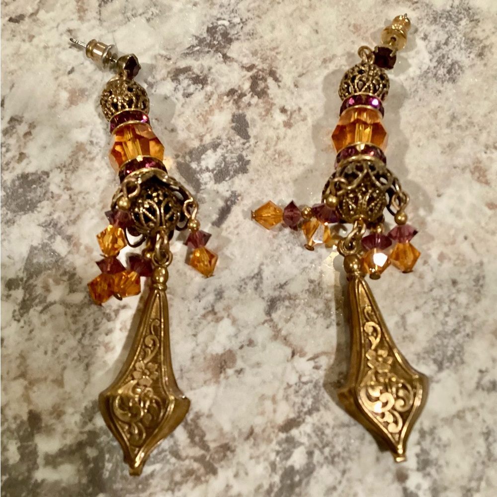 Ornate Gold and Amber Crystal Bohemian Dangle Pierced Earrings